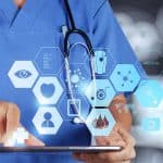 Illustration of healthcare IT security, showing medical symbols (cross, stethoscope) combined with a digital shield — representing Wallix’s mission to protect patient data, secure privileged access in hospitals, and ensure compliance with strict regulatory and identity‑security standards.