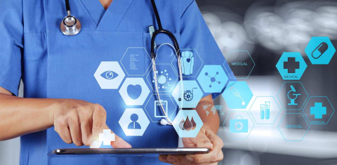 Illustration of healthcare IT security, showing medical symbols (cross, stethoscope) combined with a digital shield — representing Wallix’s mission to protect patient data, secure privileged access in hospitals, and ensure compliance with strict regulatory and identity‑security standards.