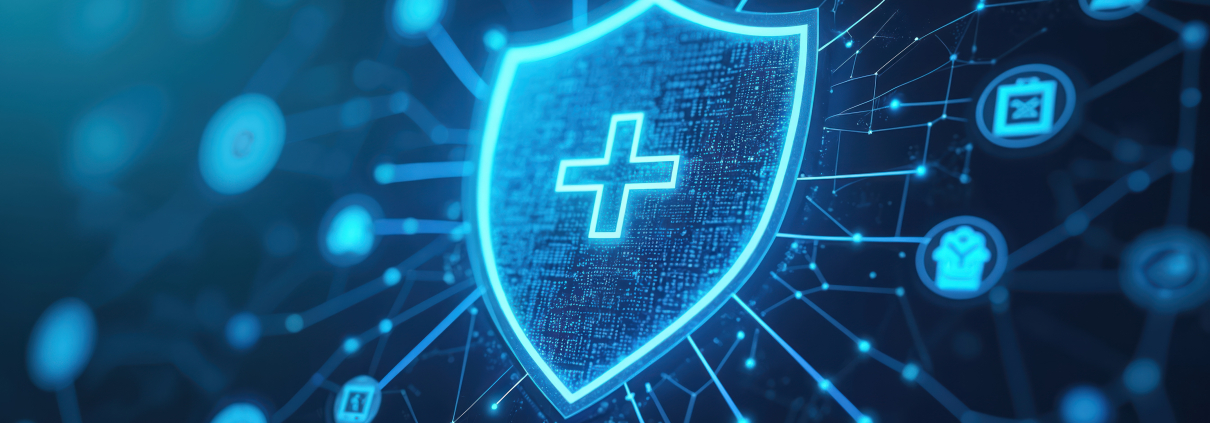 Healthcare security in digital world. Abstract design featuring medical icons, shield symbol. Data protection, patient privacy, secure network concepts, software confidentiality encryption tech. Pro