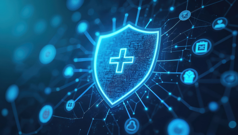 Healthcare security in digital world. Abstract design featuring medical icons, shield symbol. Data protection, patient privacy, secure network concepts, software confidentiality encryption tech. Pro