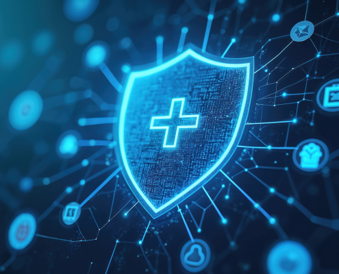 A neon blue filament forming a digital shield, a symbol of digital security.