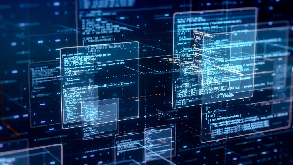abstract network with random programming code, web and software development concept, futuristic technology, digital connectivity, cyber space