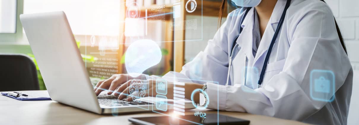 Doctor diagnosing patient brain disease illness, working office research studying using modern computer technology display assistance AI, healthcare medical hospital staff clinical health examination