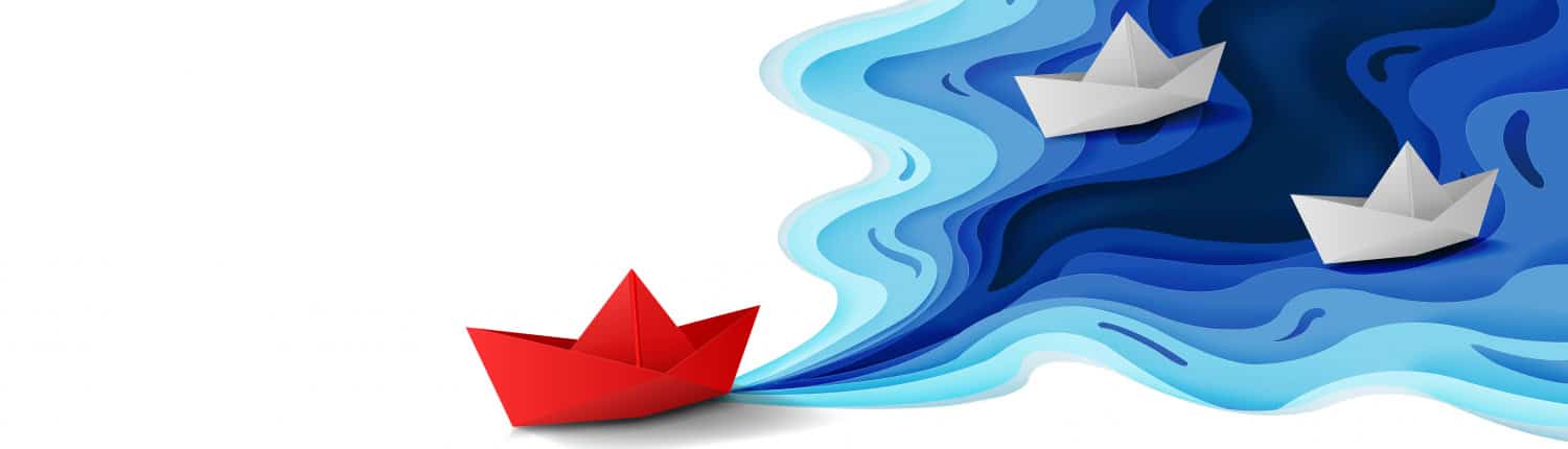 Leadership concept, Origami red paper boat floating in front of white paper boats on blue water polygonal trendy craft style, Paper art design banner background Image featuring KuppingerCole, representing the global analyst firm specializing in identity and access management. The visual emphasizes research, insights, and evaluations of cybersecurity solutions, including WALLIX offerings.