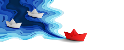 Leadership concept, Origami red paper boat floating in front of WALLIX – recognized as Overall Leader in the 2024 PAM Leadership Compass by analyst firm KuppingerCole, highlighting excellence in privileged access management and industrial cybersecurity.