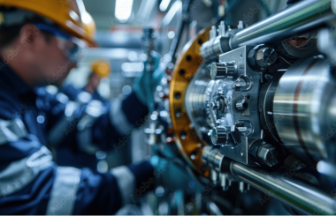A close-up of technicians adjusting settings on a high-tech waste processing system, ensuring the efficient breakdown of waste into energy resources, representing precision and expertise in the field