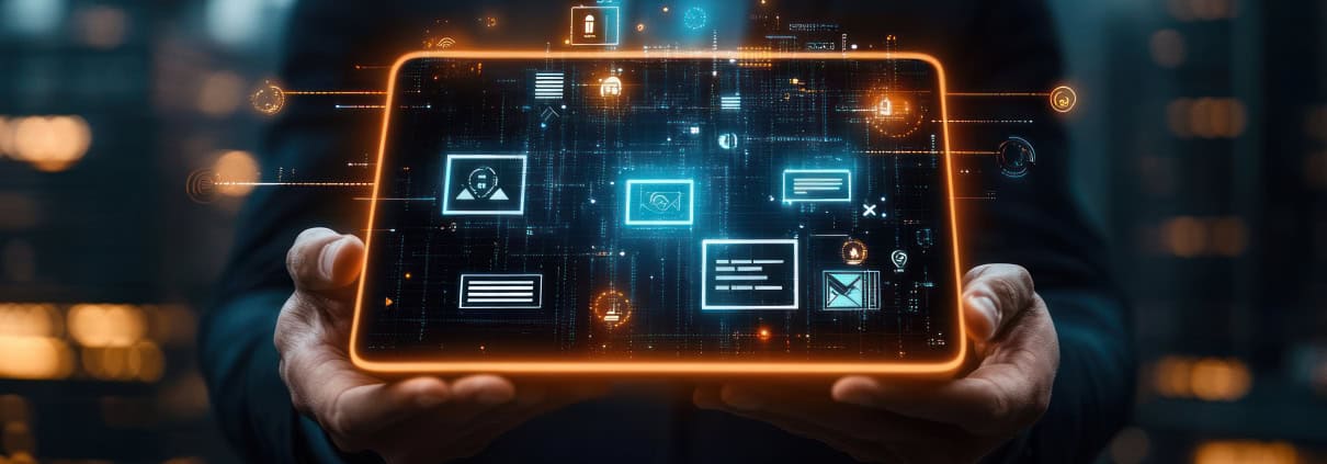 A sleek, modern office scene with a person working on a laptop in front of large screens displaying data — this image is ideal for a WALLIX Cybersecurity Operations or Threat Intelligence page, emphasizing proactive monitoring, analysis, and protection of critical systems.