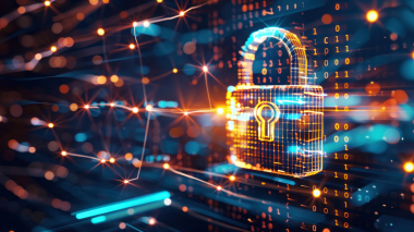 Cybersecurity concept showing a digital padlock with binary code and glowing network connections, symbolizing secure data protection, encrypted communication, and IT network security.