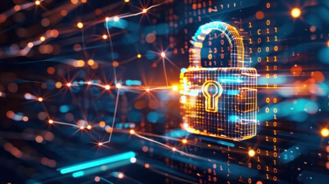 Cybersecurity concept showing a digital padlock with binary code and glowing network connections, symbolizing secure data protection, encrypted communication, and IT network security.