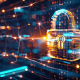 Cybersecurity concept showing a digital padlock with binary code and glowing network connections, symbolizing secure data protection, encrypted communication, and IT network security.