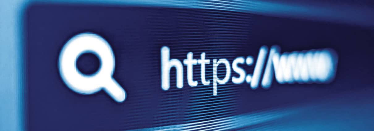 Pixelated closeup view of internet browser address bar with https and search icons in blue A conceptual image of connected nodes and data flow — suggesting secure networking, privileged communication, and system architecture. This visual is appropriate for a WALLIX Privileged Access Management (PAM) page, highlighting how WALLIX protects, monitors, and governs high‑privilege access to critical systems.