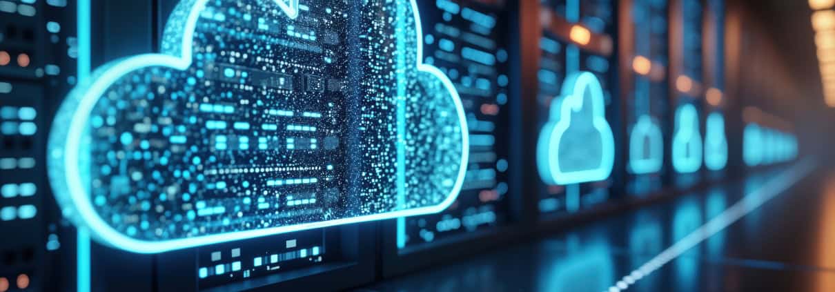 Image of a neon blue cloud created from digital data in a secure environment