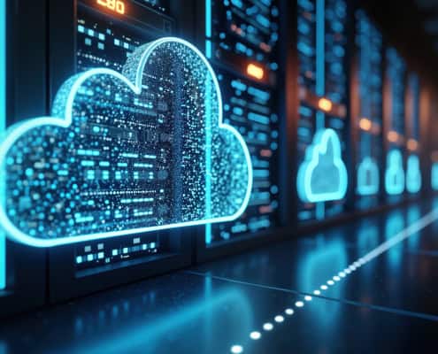 Image of a neon blue cloud created from digital data in a secure environment