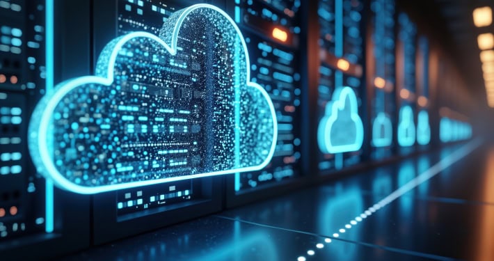 Image of a neon blue cloud created from digital data in a secure environment