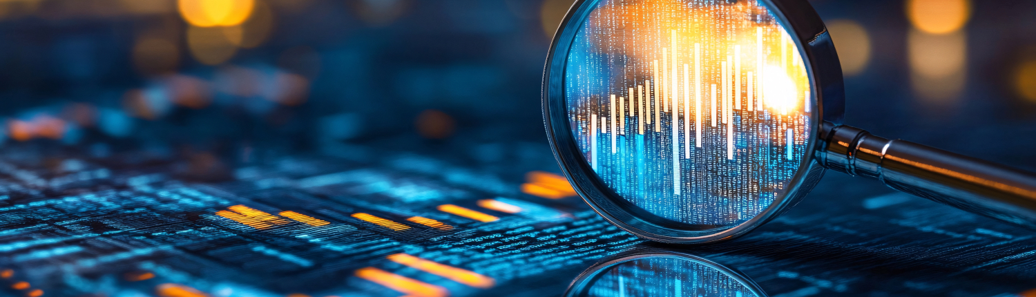 Magnifying glass showing data analysis on digital background