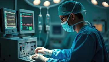 Ein Anästhesist bereitet die Anästhesieausrüstung im Operationssaal eines Krankenhauses vor. Ein konzentrierter Techniker stellt die Steuerungen einer komplexen medizinischen Maschine ein. Präzise Arbeit gewährleistet die Sicherheit der Patienten während der Operation