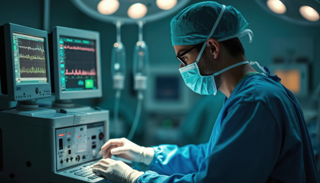 L'anesthésiste prépare le matériel d'anesthésie dans la salle d'opération d'un hôpital. Un technicien concentré ajuste les commandes d'une machine médicale complexe. Un travail précis garantit la sécurité du patient pendant l'intervention chirurgicale.