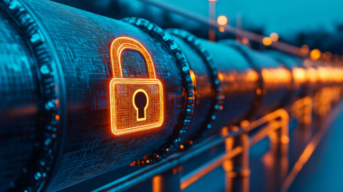 OT security industrial defense. Cybersecurity detection. Infrastructure firewall. Monitoring resilience. An industrial pipeline featuring a digital padlock symbol for security and technology themes.