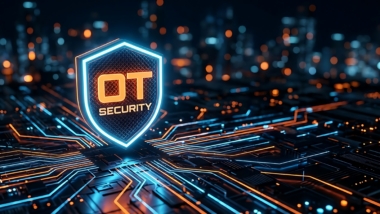 A glowing shield prominently displays ot security against a blurred futuristic backdrop of complex circuitry and digital networks high quality professional