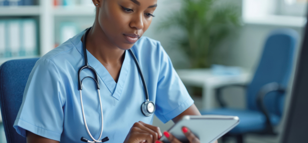 African American nurse reviewing patient data on tablet at hospital office. Medical assistant wearing scrubs, stethoscope around neck. Woman works at desk, focused on digital information,